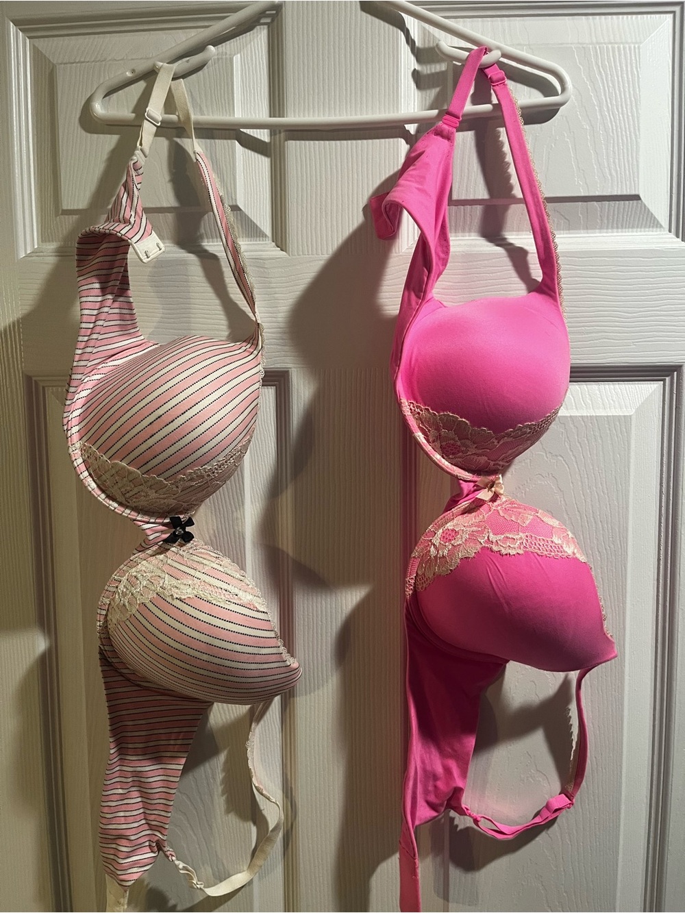 TWO Victoria's Secret Hot Pink and Pink-Striped Lace Perfect Coverage Bras